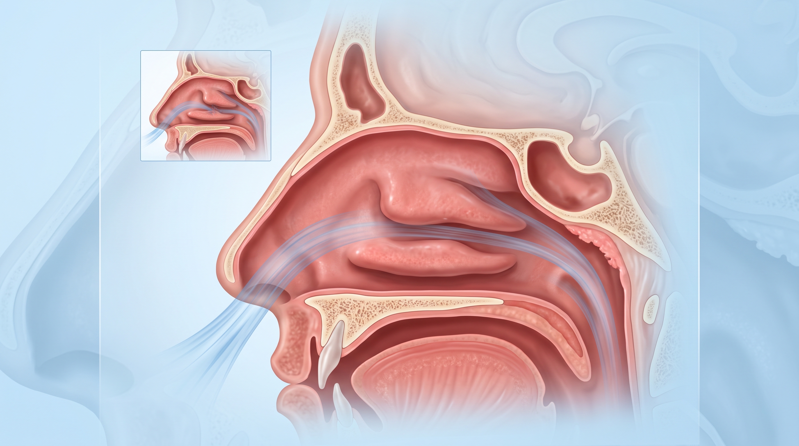 (Burnun iç yapısını gösteren anatomik illüstrasyon profili. Eğri septum ve hava yolunun açılması şematik olarak gösterilmiş)